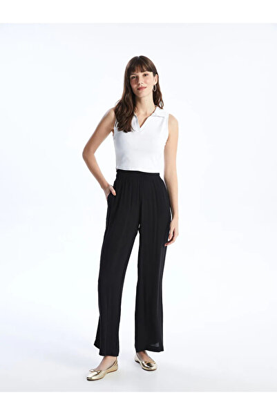 LC Waikiki Lcwaikiki Classic Black Elastic Waist Textured Wide Leg Women's Tr...