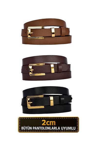 GoDeri 100% Genuine Leather Set of 3 Gold Color Suit Buckle 2cm Women's Belt Black, Brown, Dark Brown_Byk_Gold