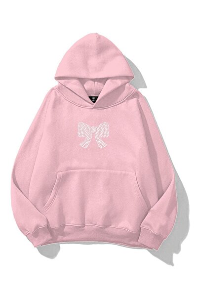 LUMSHİNE Unisex Ribbon Stone Printed Sweatshirt Pink