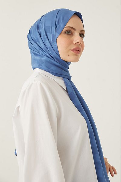 MENESSA Silky Jacquard Shawl Checkerboard Pattern Indigo Blue