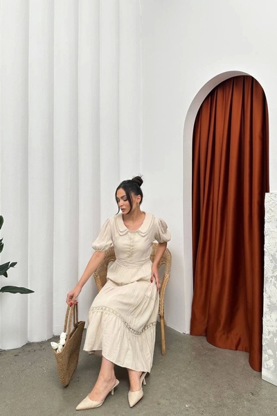 HELİS BUTİK Φόρεμα Baby Collar Muslin Fabric Beige