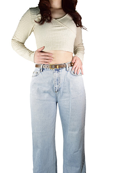 GoDeri %100 Hakiki Deri 2'li Set Gold Renk Takım Tokalı 2cm Kadın Kemeri Kahverengi, Siyah_ kare_gold