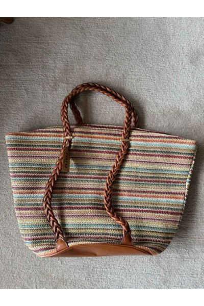 raru Woven Leather Handle Straw Beach Bag Brown