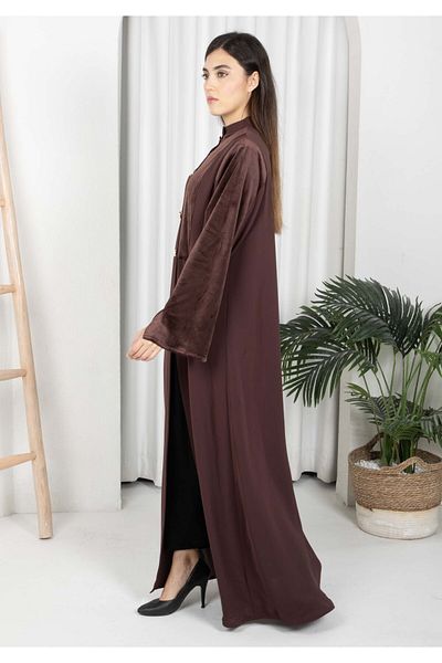 Msquare Fashion Brown Round Neck Nida and Velvet Abaya with Front Button Detailing