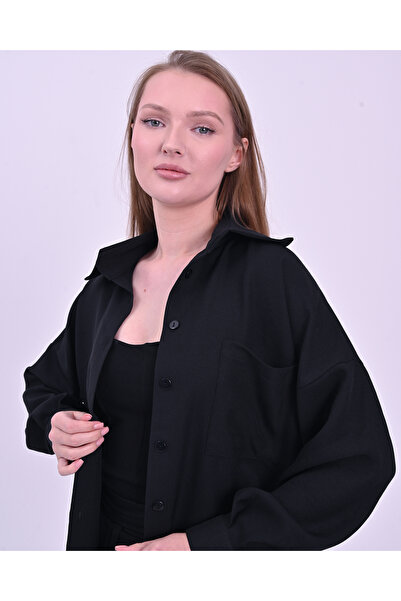 polle Cămașă oversize din in cu o singură buzunar - neagră