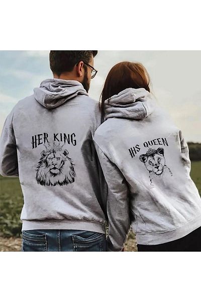 Boi Her King His Queen Lover Couple Combination - Φούτερ με κουκούλα σε γκρι στάμπα
