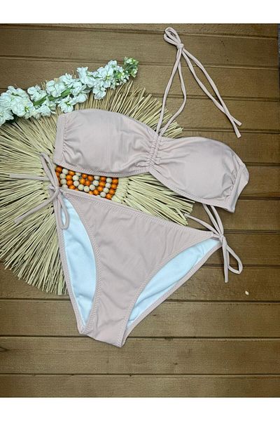 XORVİO Women's Lycra Flexible Halter Neck Strapless Stylish Quality Drawstring Adjustable Light Pink Bikini Suit