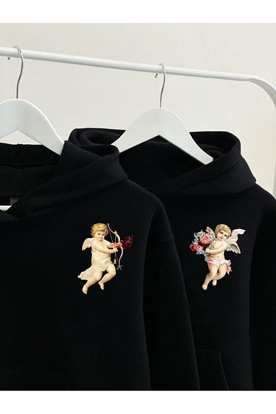 Boi Eros Lover Couple Combination - Μαύρη στάμπα Oversize φούτερ με κουκούλα