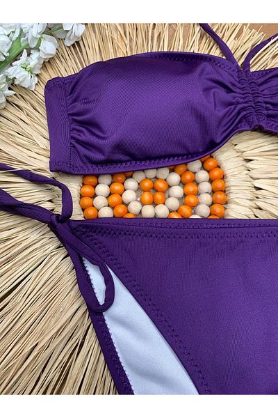 XORVİO Women's Lycra Flexible Halter Neck Strapless Stylish Quality Gathered Adjustable Purple Bikini Suit