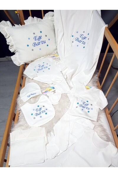 bebek_iklimi İsimli Hastane Çıkış Seti ve Nakışlı Müslin Takı Yastığı – 10 Parça + Kırlent