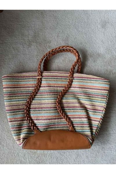 raru Woven Leather Handle Straw Beach Bag Brown