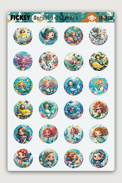 Ficksy Cute Mermaid Sticker Set - 48 Pieces Round Sea Creatures Fish Sticker Stickers
