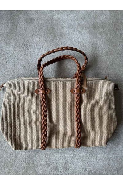 raru Wicker Travel Bag with Knitted Leather Handle Brown
