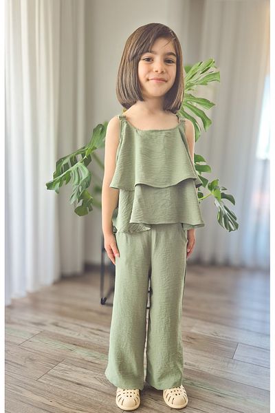 My Baby's World Green Flared Summer Linen Airobin Girl's Suit