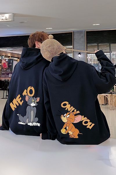 Boi Tom And Jerry Me To Only You Dear Couple Combination - Μαύρο μπλουζάκι με κουκούλα με στάμπα