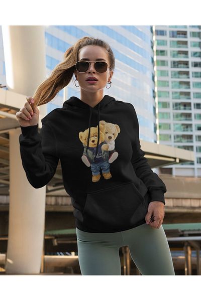 Boi Bears Lover Couple Combination - Black Printed Oversize Hooded Sweatshirt