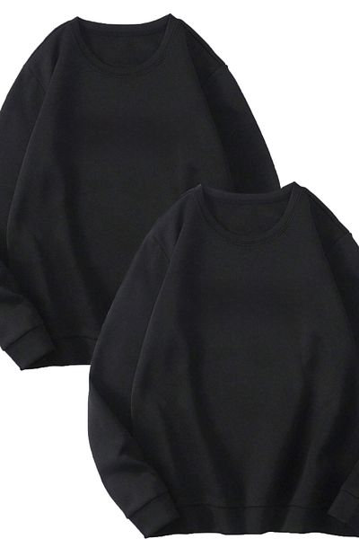 Boi 2 Πακέτο Basic Απλό Φούτερ - Μαύρο Oversize Φούτερ Crew Neck