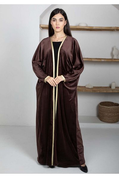 Msquare Fashion Brown Velvet Abaya with Golden Lace Borders & Matching Headscarf – Perfect for Winter