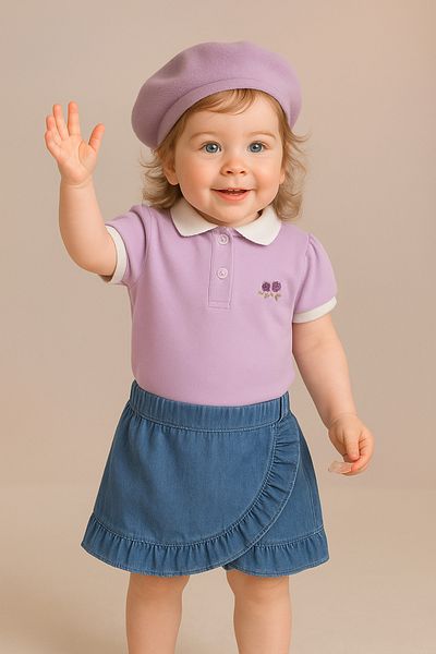 Balbadem baby kids Lilac Polo Neck T-Shirt Baby Girl Denim Skirt Shorts Suit I 6-18 Months