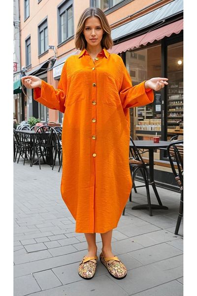 Pasaklı Giyim Women's Bat Sleeve Suitable for Hijab Shirt Dress Linen Blended Oversize Orange Tunic 3282420