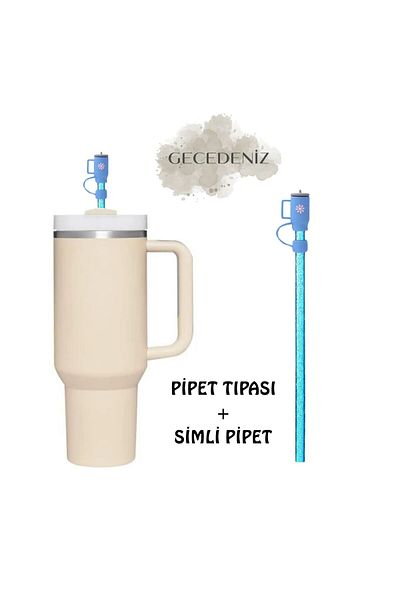 GECEDENİZ Quencher Compatible Thermos Straw Replacement Silvery Plastic Blue