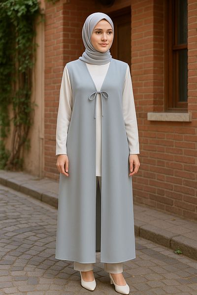 Misue Handmade Medina Silk Tie Detail Hijab Vest, Multifunctional Use Pareo Beach Wear, Long Vest
