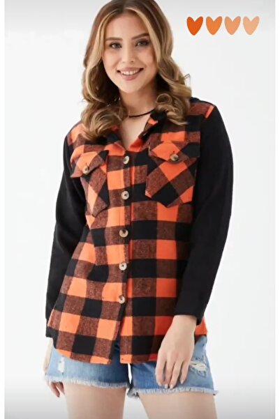 DHDmoda Kadın Kapüşonlu Düğmeli Turuncu Siyah Renkli Gömlek