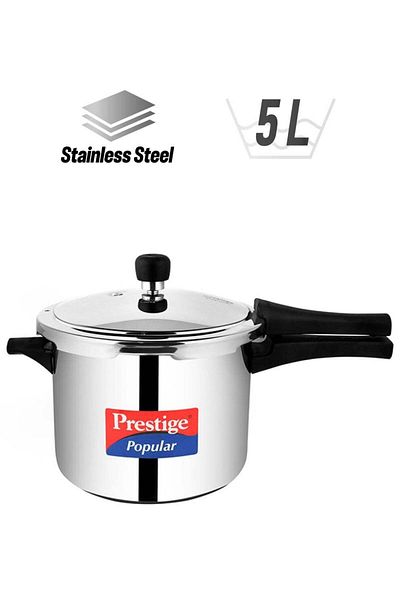 Prestige Popular Stainless Steel Pressure Cooker with 4.5 mm Thick Alpha Base and Induction Compatib
