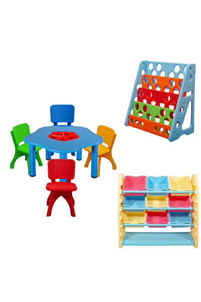 MUPARK Çocuk Aktivite Seti - Masa + 4 Sandalye + Kitaplık + Oyuncak Rafı | An...