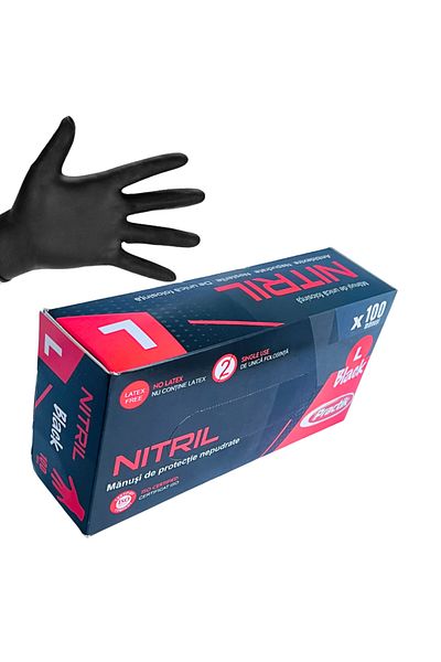 LYOBEST Set 100 Manusi din Nitril, Horeca, Negre, unica folosinta, nepudrate, marimea L