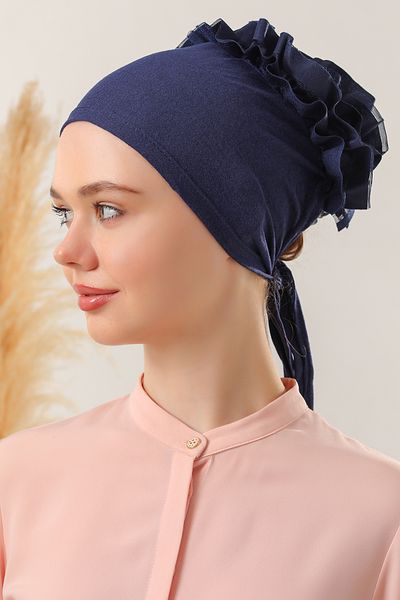 Melodi Scarf Women's Hijab Front Seamless Ruffled Combed Cotton Bonnet Navy Blue