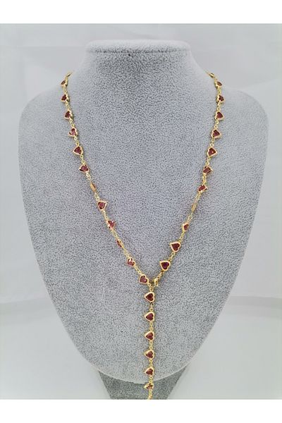 Hobimos Red Heart Stone Y Necklace - Red Stone Heart Y Necklace