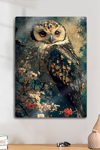 DekorHane Pe tablă de metal, imprimare bufniță, pictură decorativă pentru bir...