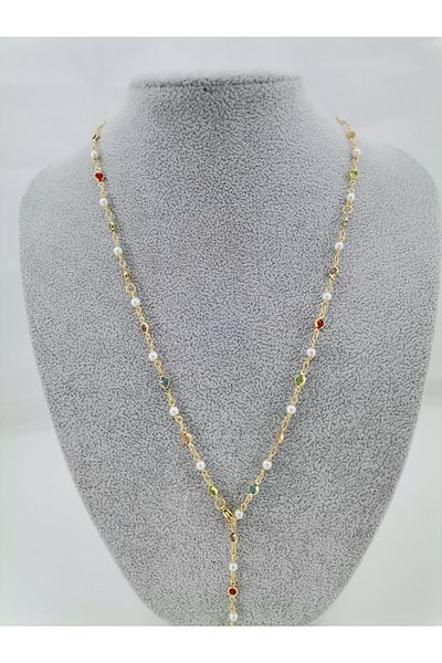 Hobimos Y Necklace with Colored Stone and Pearl Detail