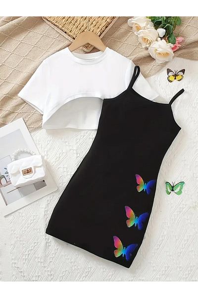 İBRE Cotton Flying Butterfly Detail Top White Crop Bottom Printed Black Dress