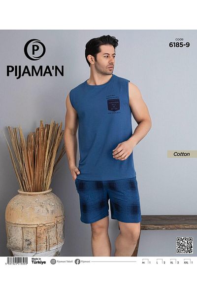 Pijamoni Ανδρικό σετ πιτζάμες με λαιμόκοψη με αμάνικο σορτς 6185/9 - 1 τεμ
