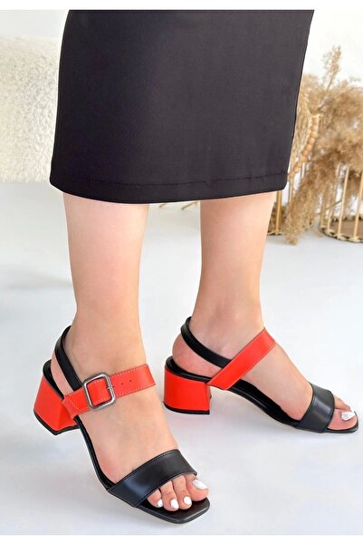 ufukmoda Year Black Skin Orange Detailed Heeled Shoes