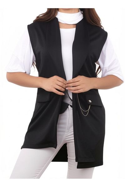 DHDmoda Women's Black Chain Detailed Vest