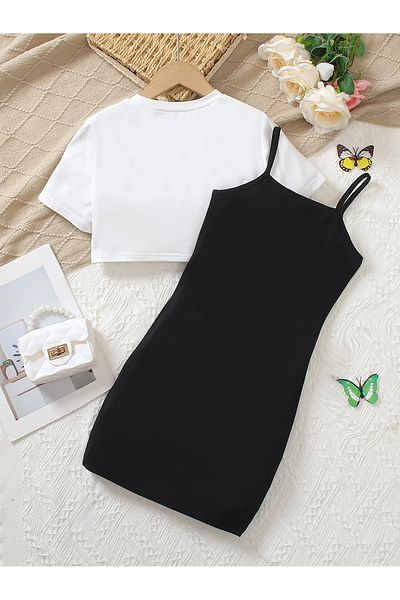 İBRE Cotton Flying Butterfly Detail Top White Crop Bottom Printed Black Dress