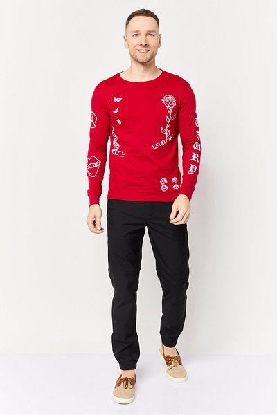 Brooklyn Men Crew Neck Long Sleeve Printed T-Shirt, Red