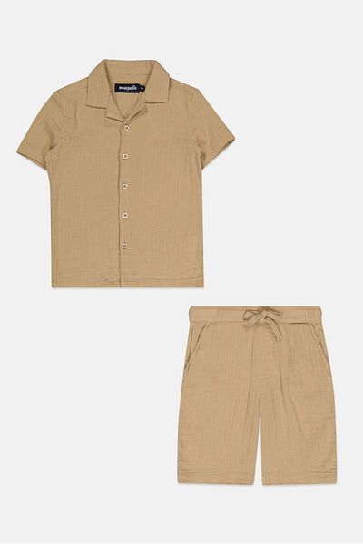 Ocean Pacific Toddlers Boy 2 Pieces Textured Casual Shirt And Drawstring Short Set, Beige