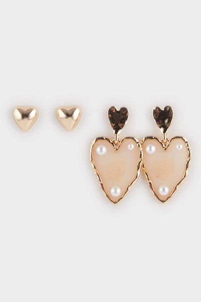 DeFacto Women's 2-Piece Heart Gold Earrings F0732Axns
