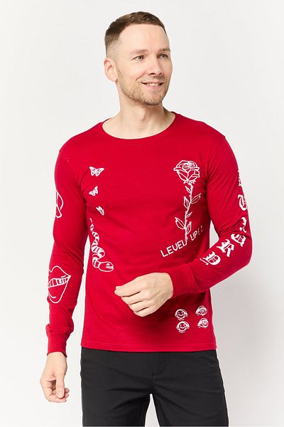 Brooklyn Men Crew Neck Long Sleeve Printed T-Shirt, Red