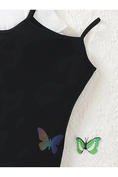 DLRboutique Cotton Flying Butterfly Printed Top White Crop - Bottom Black Printed Dress