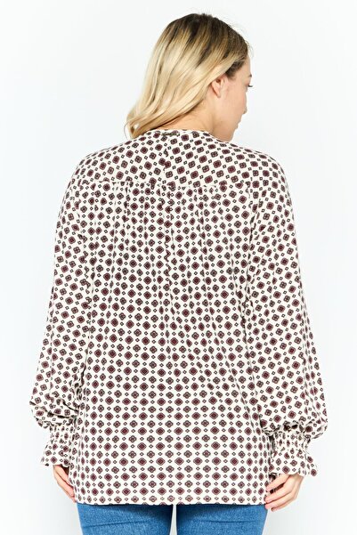 Michael Kors Women V Neck Long Sleeves Allover Print Top, Maroon/White