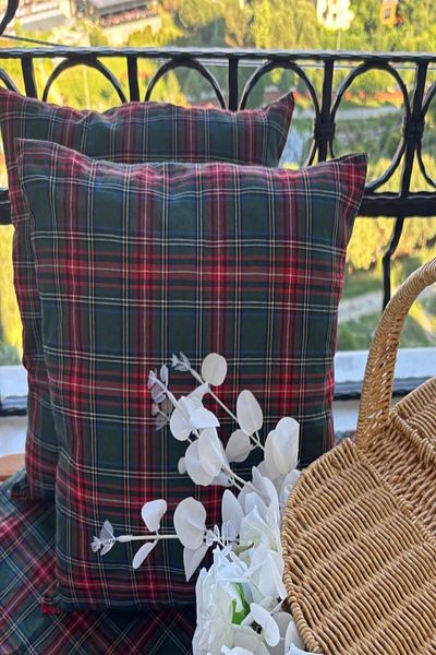 zarafet concept Green Plaid Zefir Fabric, Checkered Filled 2 Pieces Picnic Cushion 40*40