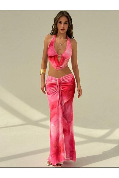 La Saade Hawaiian Pink Top Blouse-Lower Skirt Set