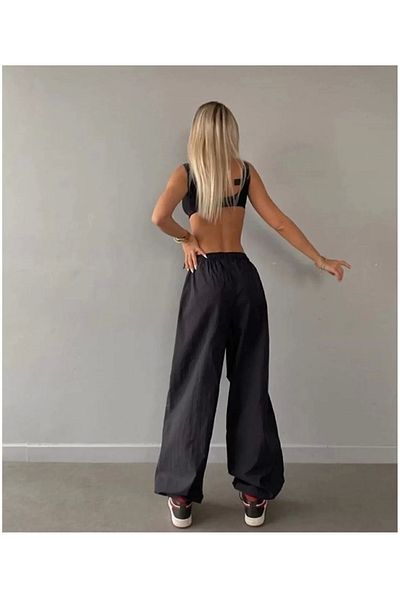 Pink Stil Pantaloni Parașuta cu buzunare - Negri