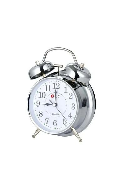 DLC Alarm clock made of chrome plated metal with bell alarm function and white dial