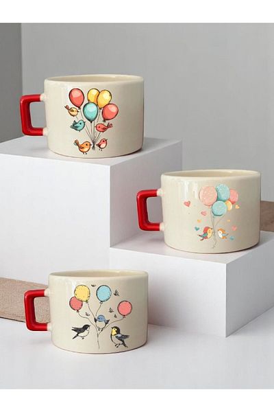 lili hediyelik Balloon Birds Printed Set of 3 Ceramic Mug Cups